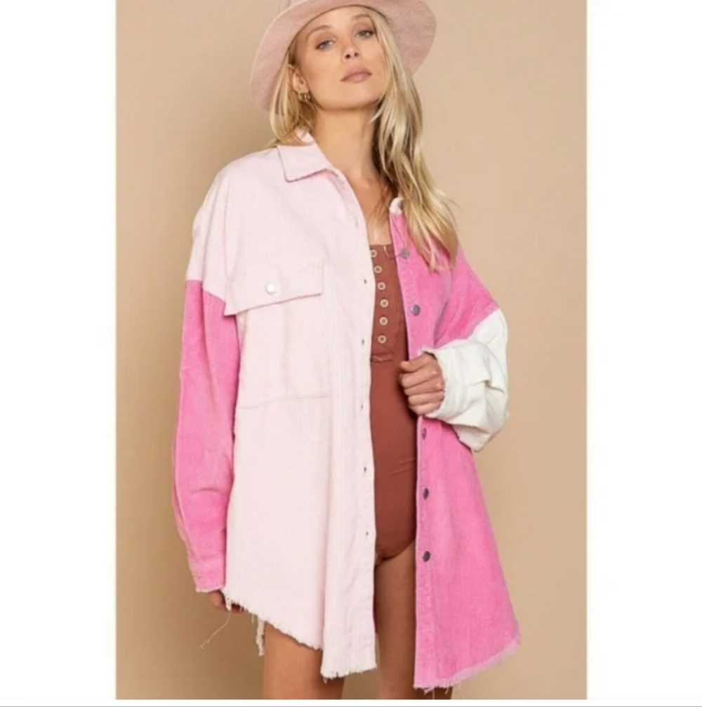 POL Two-tone Color Block Corduroy Shacket Pink Oversized Small